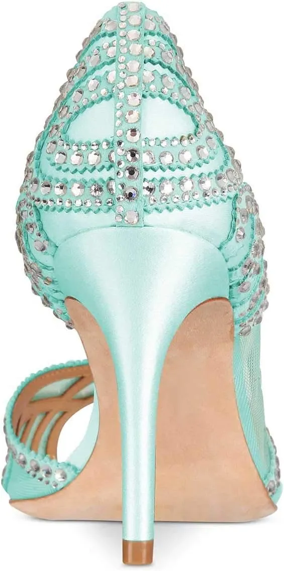 XYD Women Graceful Peep Toe Half D'Orsay Mesh Pumps Crystal Studded Slip On High Heels Wedding Bride Dress Shoes