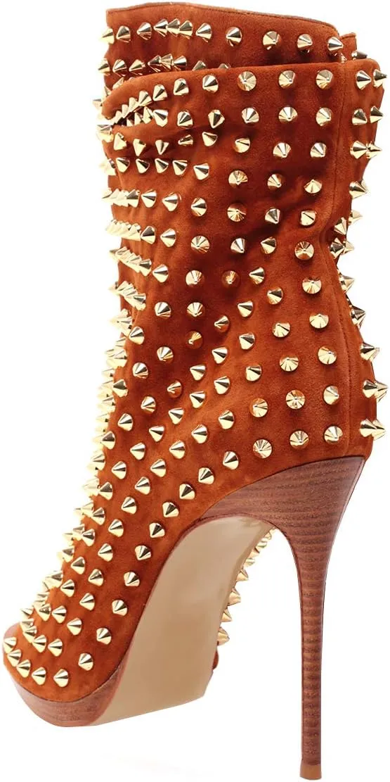 XYD Women Peep Toe High Heels Ankle Boots Rivet Studded Zip Up & Pull On Dress Booties Shoes