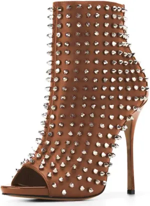 XYD Women Peep Toe High Heels Ankle Boots Rivet Studded Zip Up & Pull On Dress Booties Shoes