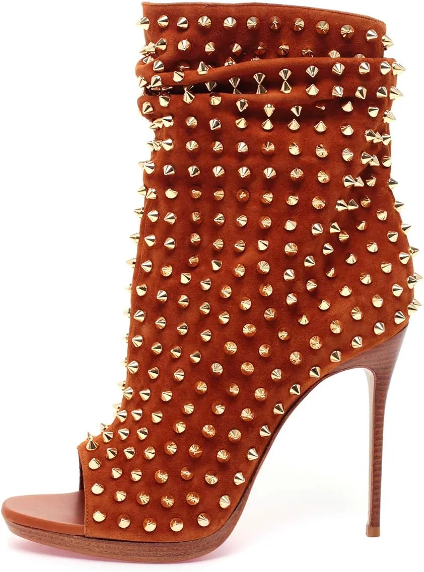 XYD Women Peep Toe High Heels Ankle Boots Rivet Studded Zip Up & Pull On Dress Booties Shoes