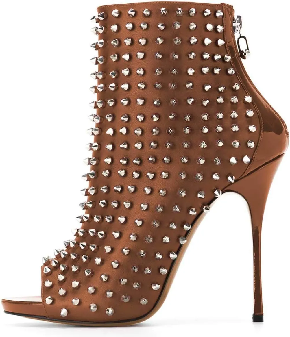 XYD Women Peep Toe High Heels Ankle Boots Rivet Studded Zip Up & Pull On Dress Booties Shoes