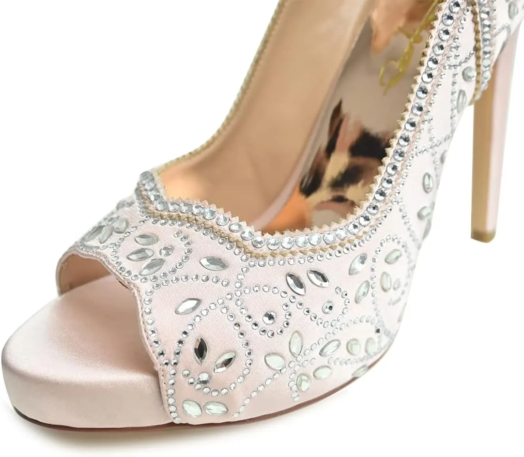 XYD Women Peep Toe Platform Rhinestones Studded Bridal Pumps Satin Stiletto Heels Slip On Wedding Bride Shoes