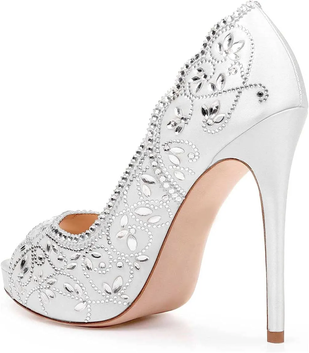 XYD Women Peep Toe Platform Rhinestones Studded Bridal Pumps Satin Stiletto Heels Slip On Wedding Bride Shoes