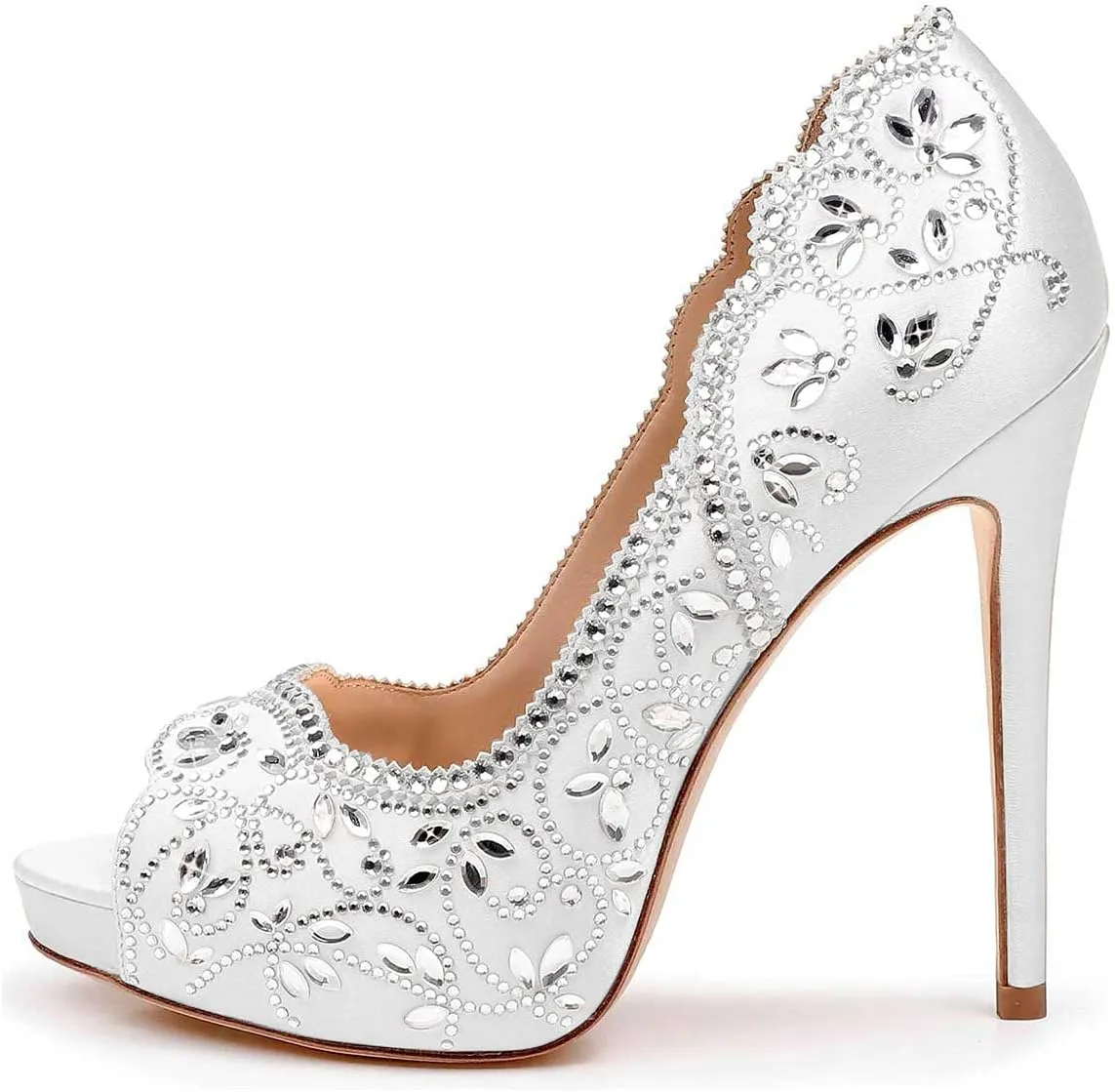 XYD Women Peep Toe Platform Rhinestones Studded Bridal Pumps Satin Stiletto Heels Slip On Wedding Bride Shoes