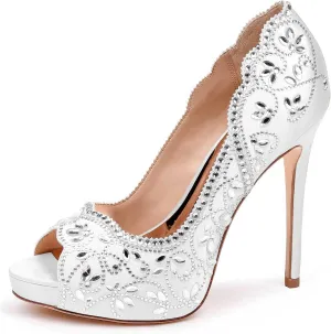 XYD Women Peep Toe Platform Rhinestones Studded Bridal Pumps Satin Stiletto Heels Slip On Wedding Bride Shoes