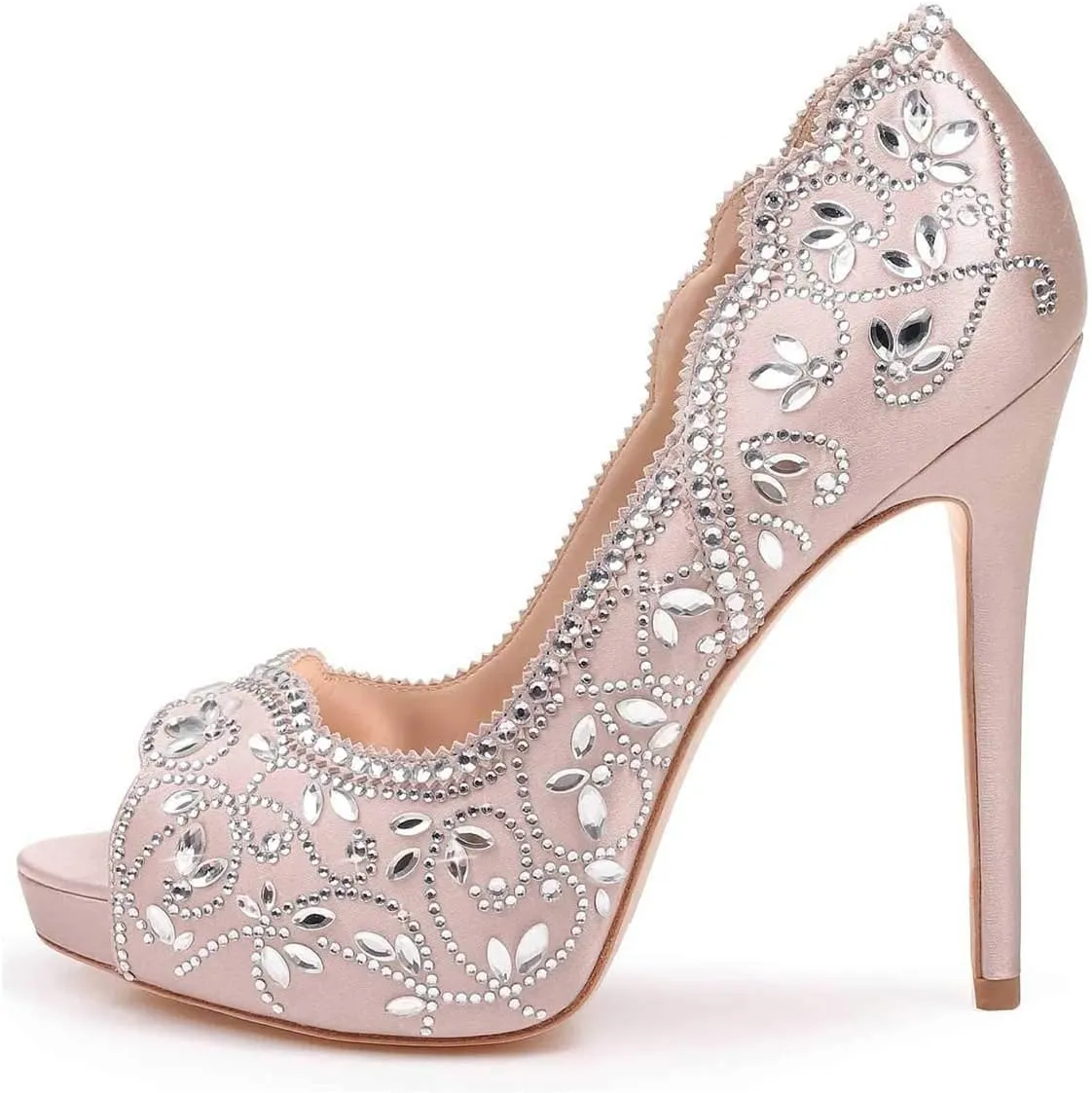 XYD Women Peep Toe Platform Rhinestones Studded Bridal Pumps Satin Stiletto Heels Slip On Wedding Bride Shoes