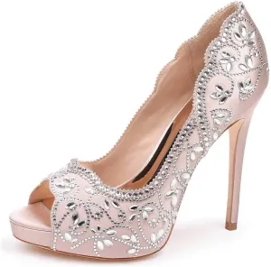 XYD Women Peep Toe Platform Rhinestones Studded Bridal Pumps Satin Stiletto Heels Slip On Wedding Bride Shoes