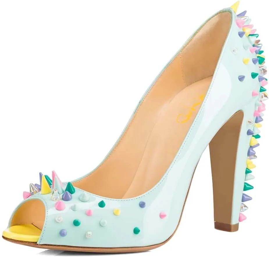 XYD Women Sexy Peep Toe Rivets Studded Slip On Pumps High Chunky Heel Nightclub Retro Party Dress Shoes