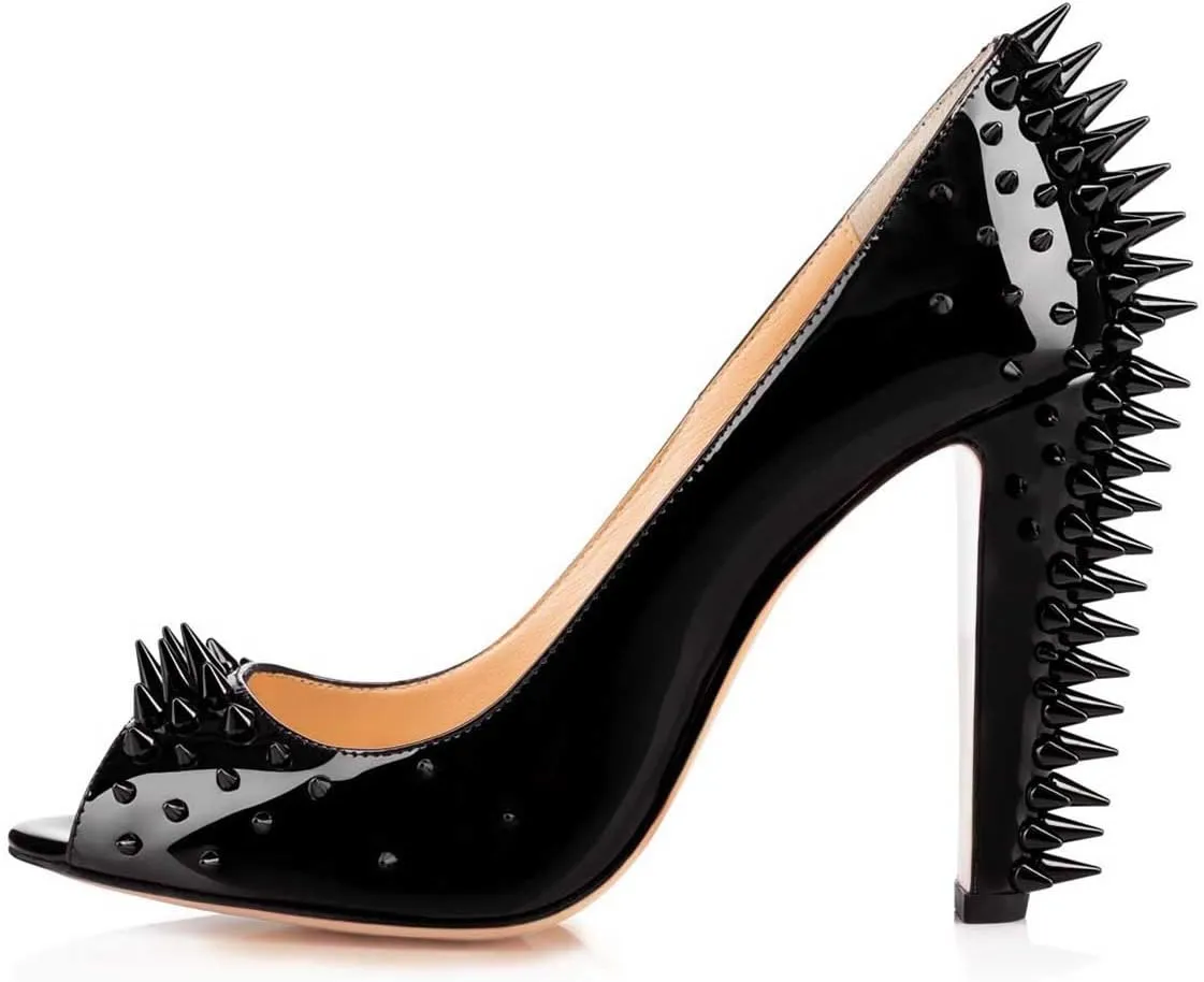 XYD Women Sexy Peep Toe Rivets Studded Slip On Pumps High Chunky Heel Nightclub Retro Party Dress Shoes