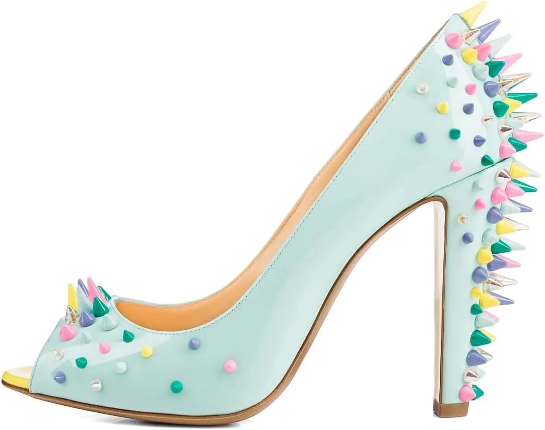 XYD Women Sexy Peep Toe Rivets Studded Slip On Pumps High Chunky Heel Nightclub Retro Party Dress Shoes