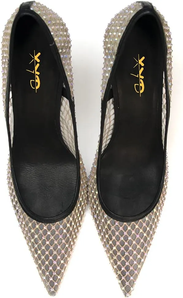 XYD Women's Chic Pointed Toe Evening Shoes High Heels Mesh Breathable Shiny Rhinestones Stiletto Checkered Office Lady Slip On Formal Dress Wedding Pumps
