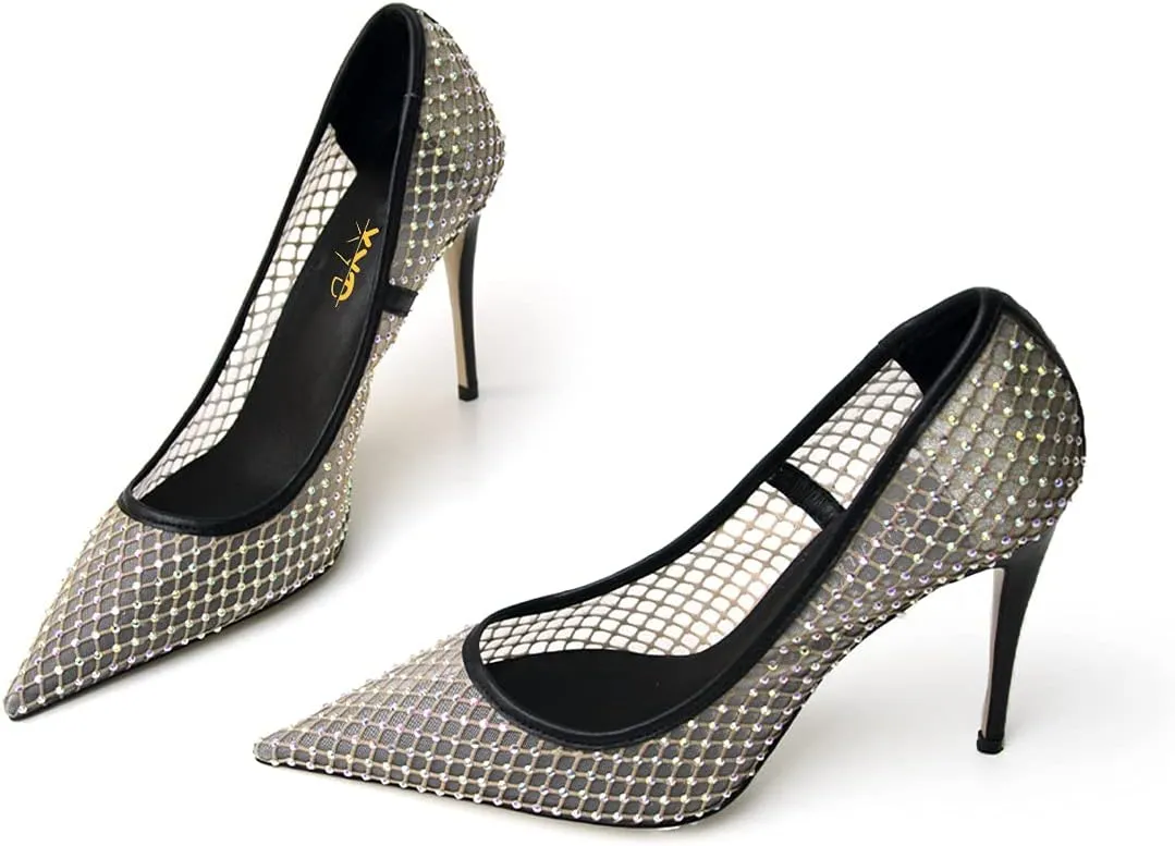 XYD Women's Chic Pointed Toe Evening Shoes High Heels Mesh Breathable Shiny Rhinestones Stiletto Checkered Office Lady Slip On Formal Dress Wedding Pumps