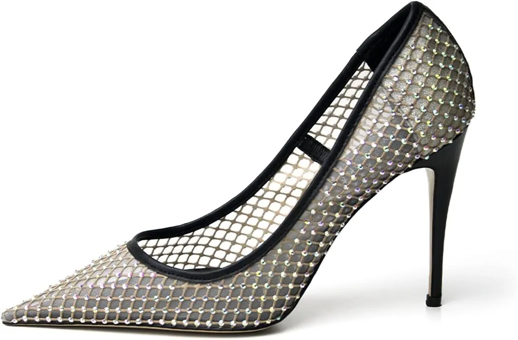 XYD Women's Chic Pointed Toe Evening Shoes High Heels Mesh Breathable Shiny Rhinestones Stiletto Checkered Office Lady Slip On Formal Dress Wedding Pumps