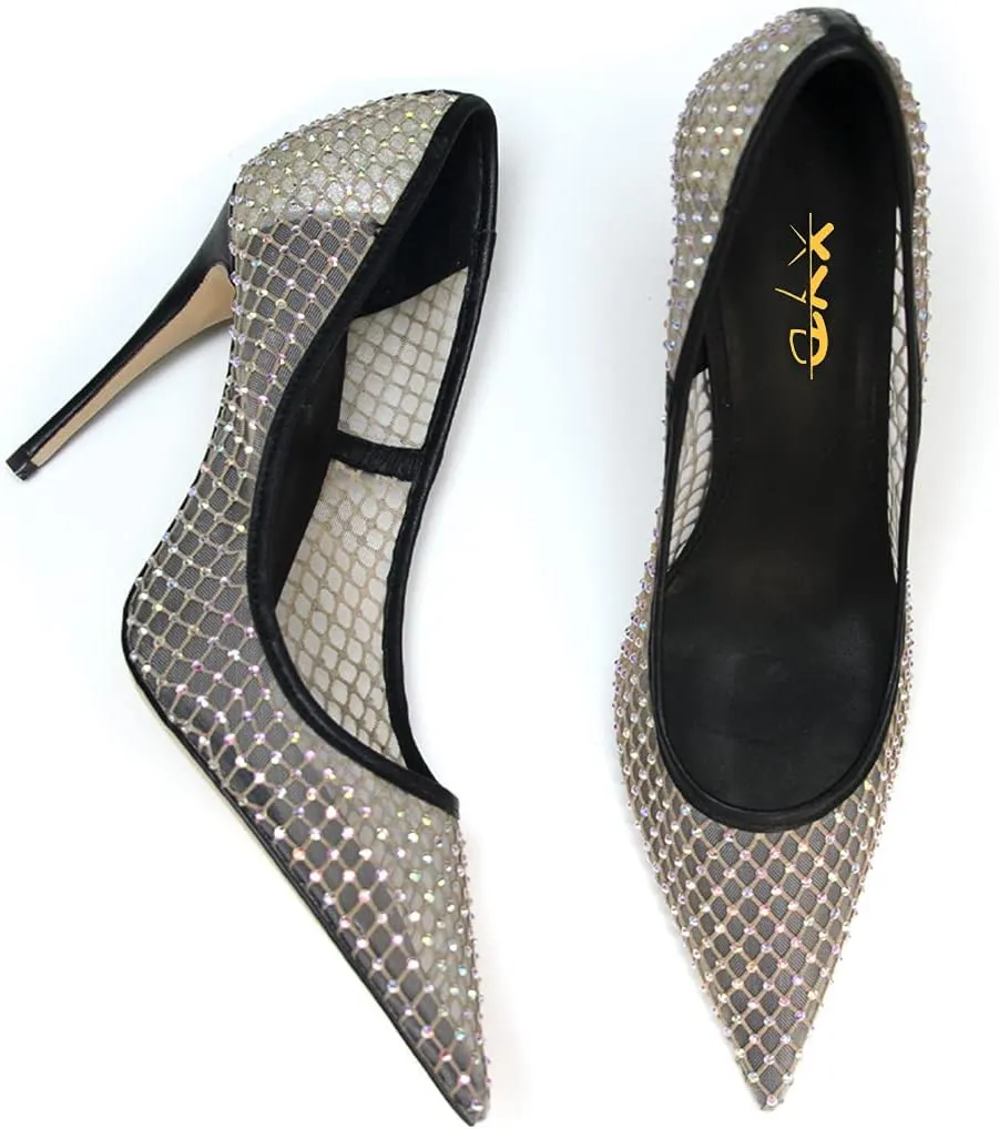 XYD Women's Chic Pointed Toe Evening Shoes High Heels Mesh Breathable Shiny Rhinestones Stiletto Checkered Office Lady Slip On Formal Dress Wedding Pumps