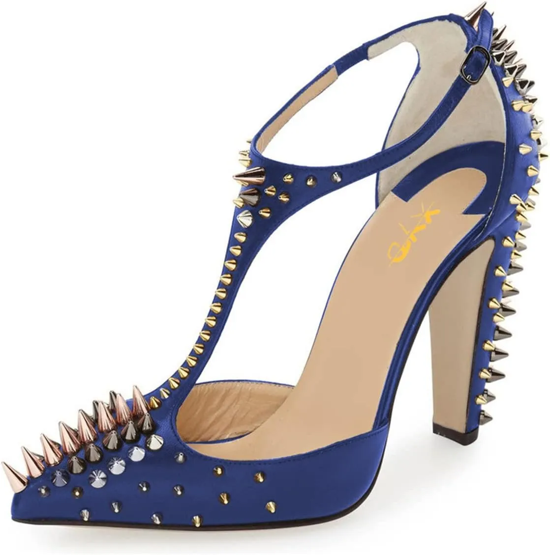 XYD Women's Fashion Rivets T-Strap Chunky Heel Pumps Pointed Toe Spikes Studded Nightclub Party D'Orsay Shoes