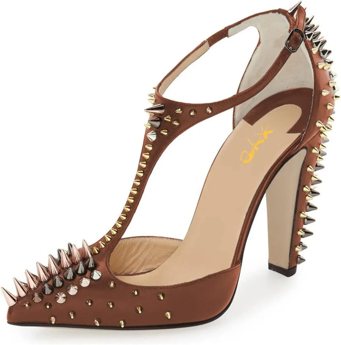XYD Women's Fashion Rivets T-Strap Chunky Heel Pumps Pointed Toe Spikes Studded Nightclub Party D'Orsay Shoes