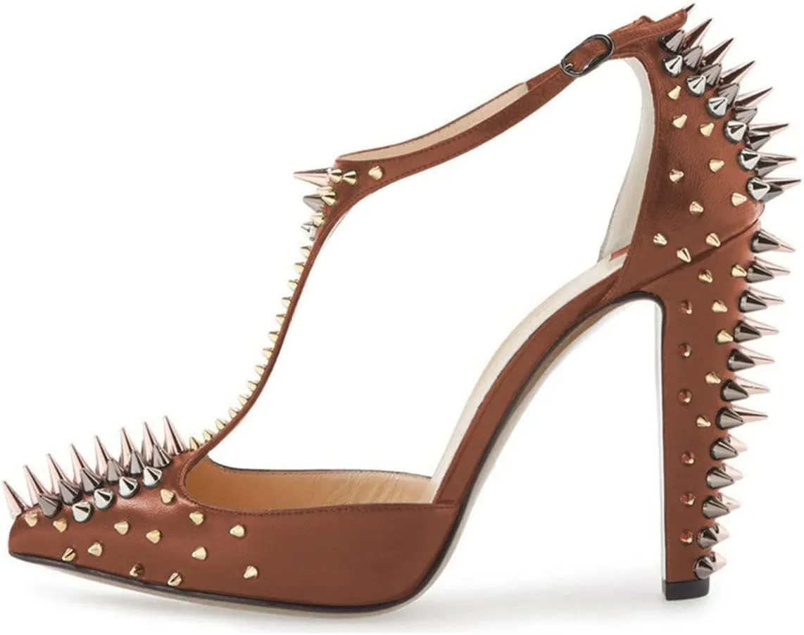 XYD Women's Fashion Rivets T-Strap Chunky Heel Pumps Pointed Toe Spikes Studded Nightclub Party D'Orsay Shoes