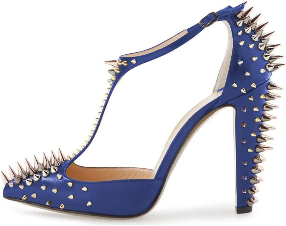 XYD Women's Fashion Rivets T-Strap Chunky Heel Pumps Pointed Toe Spikes Studded Nightclub Party D'Orsay Shoes