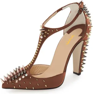 XYD Women's Fashion Rivets T-Strap Chunky Heel Pumps Pointed Toe Spikes Studded Nightclub Party D'Orsay Shoes
