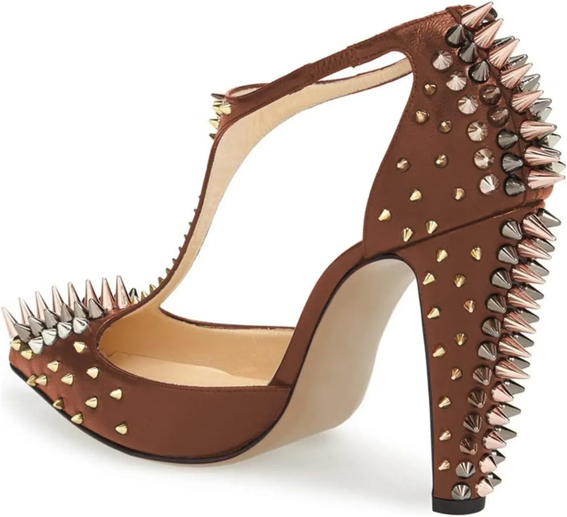 XYD Women's Fashion Rivets T-Strap Chunky Heel Pumps Pointed Toe Spikes Studded Nightclub Party D'Orsay Shoes