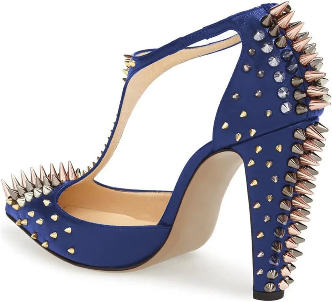 XYD Women's Fashion Rivets T-Strap Chunky Heel Pumps Pointed Toe Spikes Studded Nightclub Party D'Orsay Shoes
