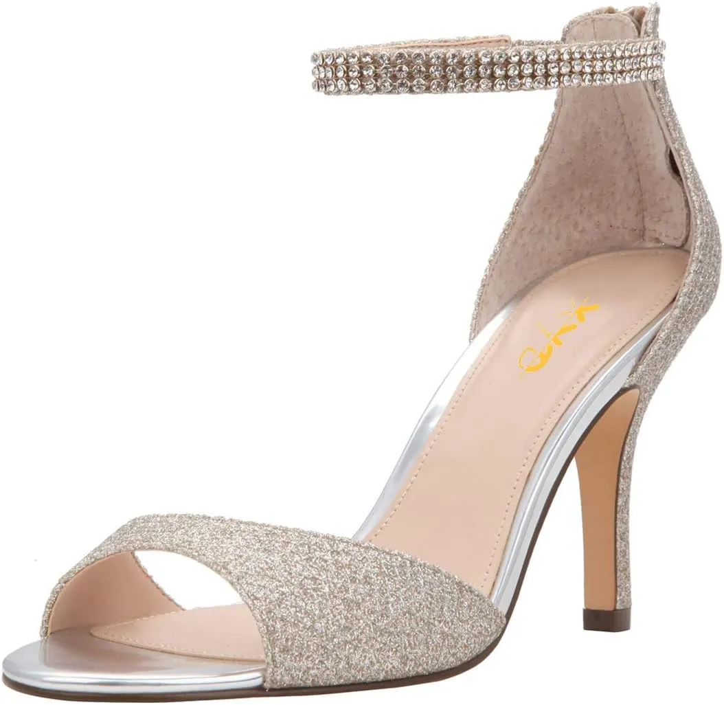 XYD Women's Open Toe Rhinestones Ankle Strap Sandals Mid Heel Pumps Bridal Evening Prom Dress Shoes