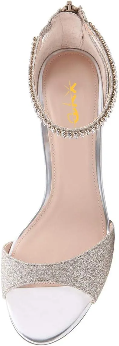 XYD Women's Open Toe Rhinestones Ankle Strap Sandals Mid Heel Pumps Bridal Evening Prom Dress Shoes