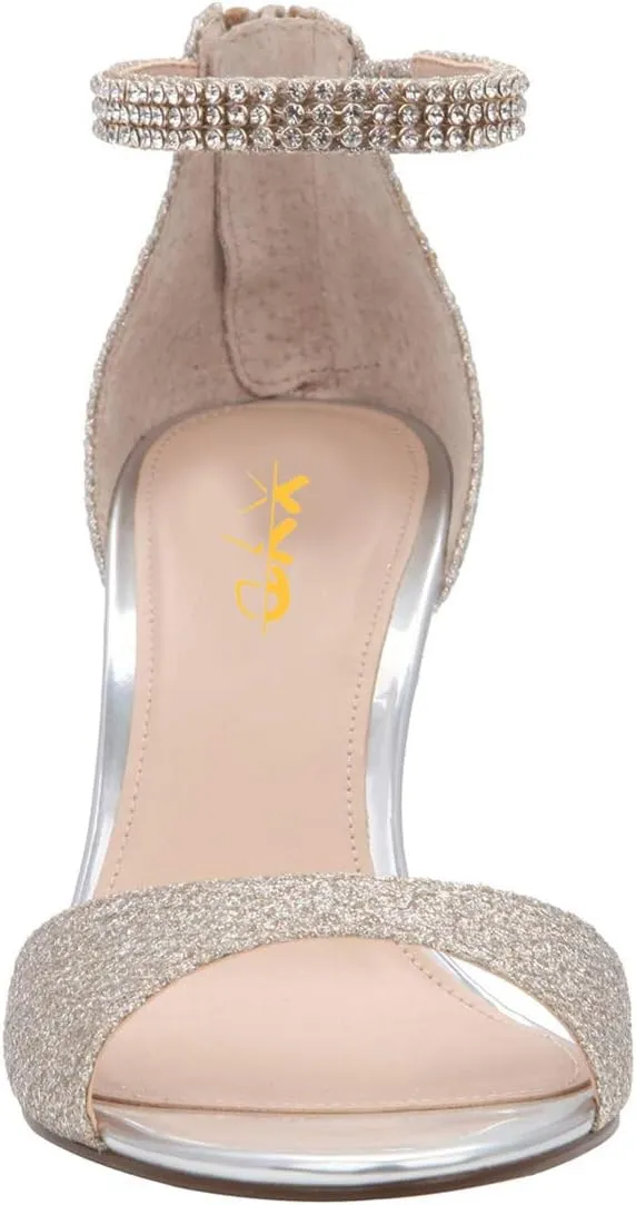XYD Women's Open Toe Rhinestones Ankle Strap Sandals Mid Heel Pumps Bridal Evening Prom Dress Shoes