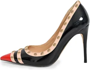 XYD Women's Pointed Cap Toe Stilettos Pumps with Rivets Studded Slip On Sparkly Patent High Heels Classic Party Dress Shoes