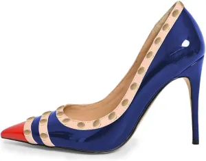 XYD Women's Pointed Cap Toe Stilettos Pumps with Rivets Studded Slip On Sparkly Patent High Heels Classic Party Dress Shoes