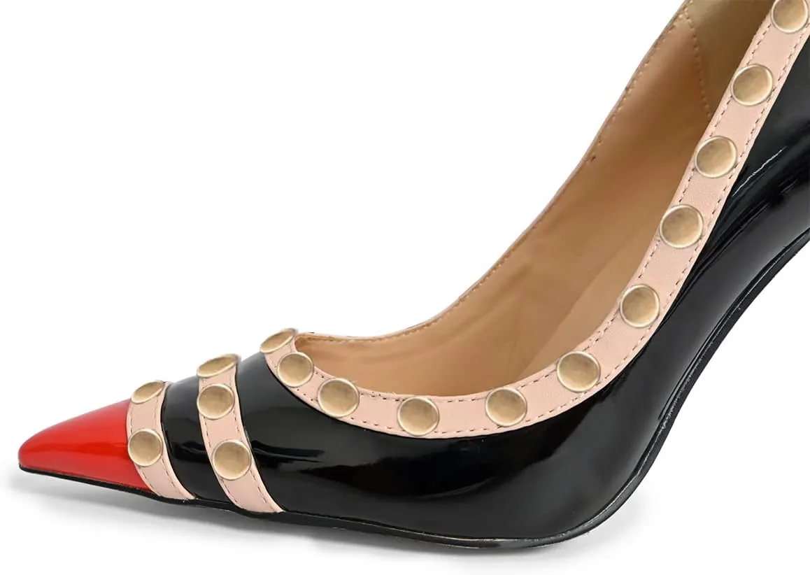 XYD Women's Pointed Cap Toe Stilettos Pumps with Rivets Studded Slip On Sparkly Patent High Heels Classic Party Dress Shoes