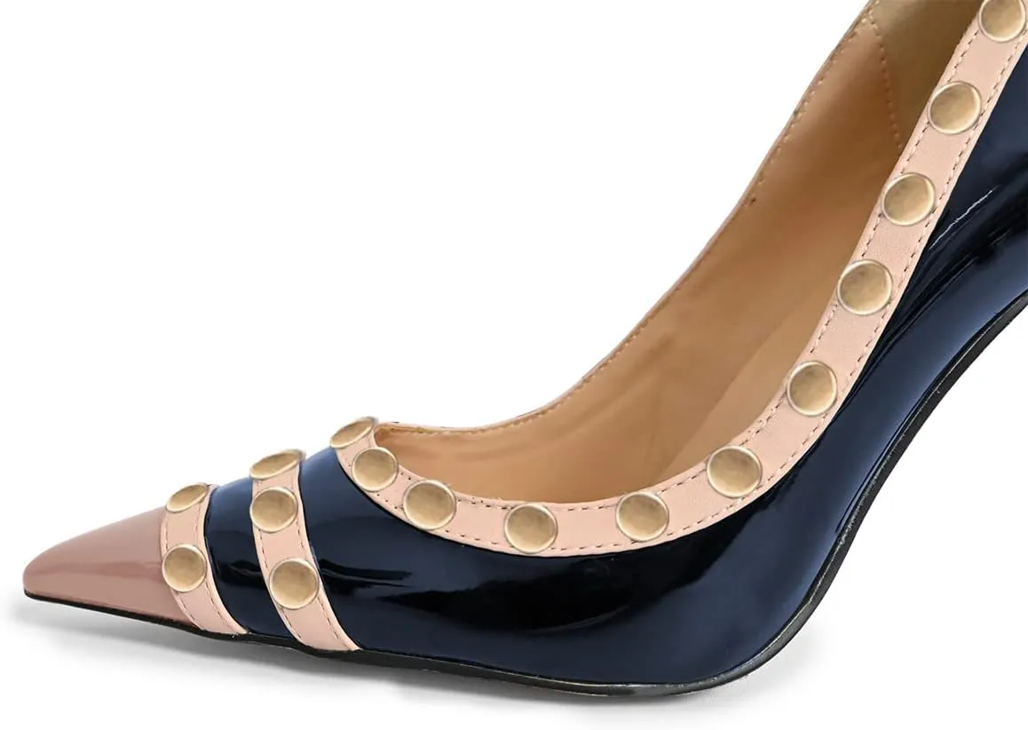 XYD Women's Pointed Cap Toe Stilettos Pumps with Rivets Studded Slip On Sparkly Patent High Heels Classic Party Dress Shoes