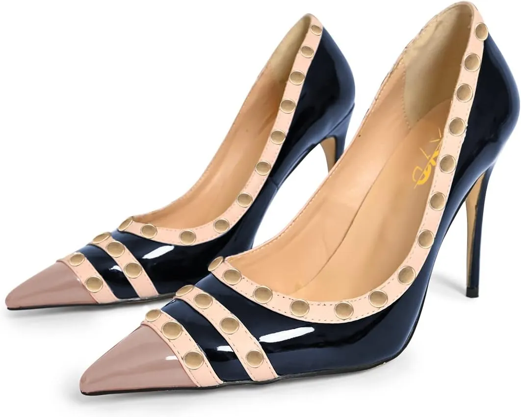 XYD Women's Pointed Cap Toe Stilettos Pumps with Rivets Studded Slip On Sparkly Patent High Heels Classic Party Dress Shoes