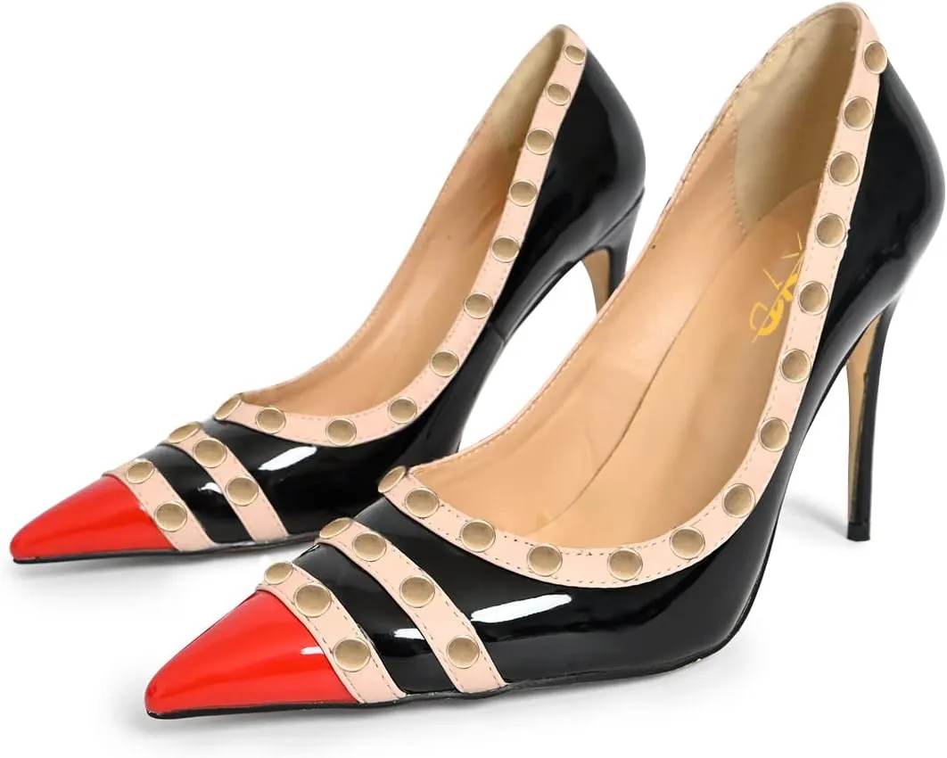 XYD Women's Pointed Cap Toe Stilettos Pumps with Rivets Studded Slip On Sparkly Patent High Heels Classic Party Dress Shoes