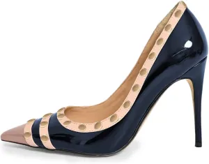 XYD Women's Pointed Cap Toe Stilettos Pumps with Rivets Studded Slip On Sparkly Patent High Heels Classic Party Dress Shoes