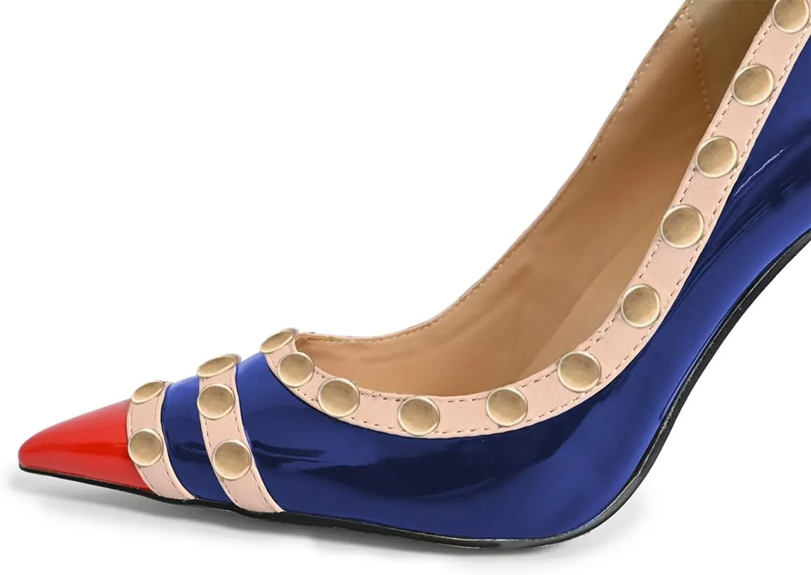 XYD Women's Pointed Cap Toe Stilettos Pumps with Rivets Studded Slip On Sparkly Patent High Heels Classic Party Dress Shoes