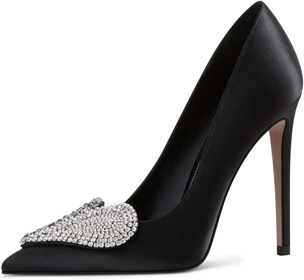 XYD Women's Pointed Toe Heart Shaped with Stitching Rhinestones Studded Slip On Stiletto Heels Sexy Wedding Pumps Shoes