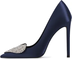 XYD Women's Pointed Toe Heart Shaped with Stitching Rhinestones Studded Slip On Stiletto Heels Sexy Wedding Pumps Shoes