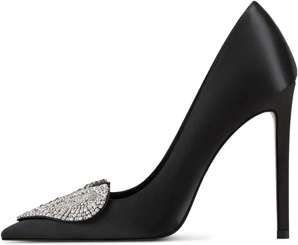 XYD Women's Pointed Toe Heart Shaped with Stitching Rhinestones Studded Slip On Stiletto Heels Sexy Wedding Pumps Shoes