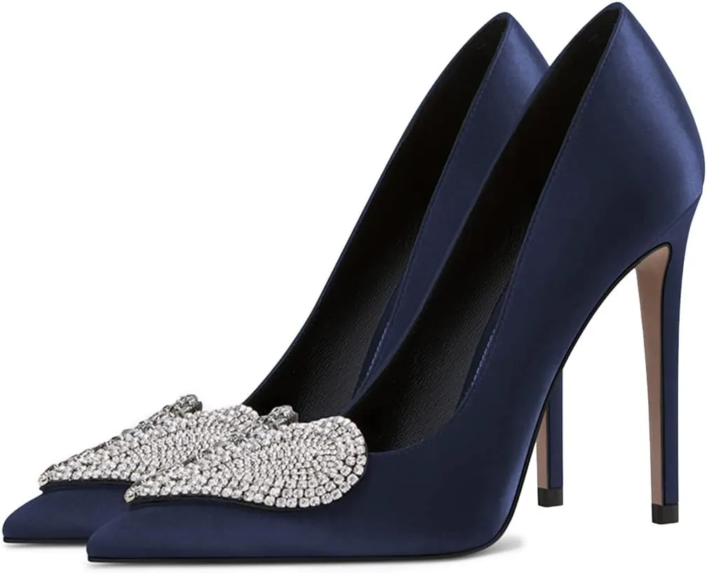 XYD Women's Pointed Toe Heart Shaped with Stitching Rhinestones Studded Slip On Stiletto Heels Sexy Wedding Pumps Shoes