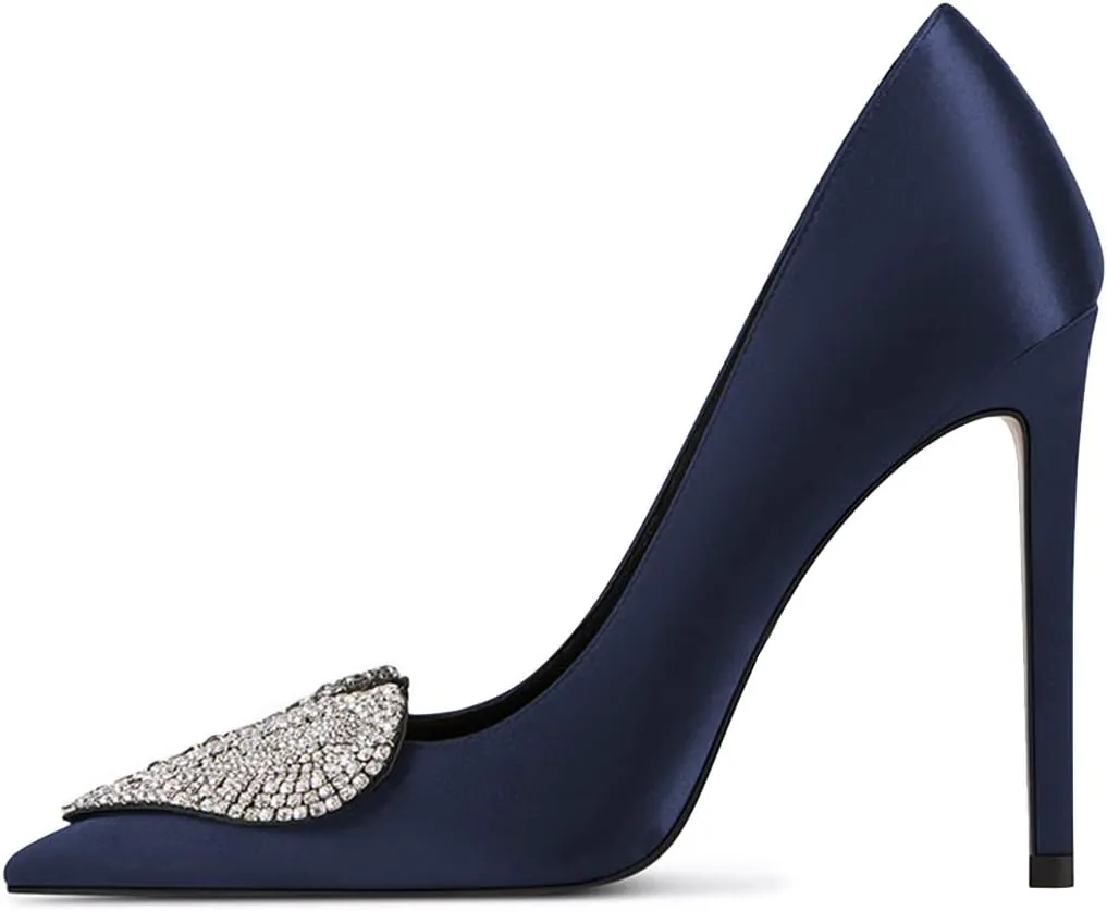 XYD Women's Pointed Toe Heart Shaped with Stitching Rhinestones Studded Slip On Stiletto Heels Sexy Wedding Pumps Shoes