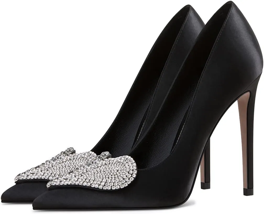 XYD Women's Pointed Toe Heart Shaped with Stitching Rhinestones Studded Slip On Stiletto Heels Sexy Wedding Pumps Shoes