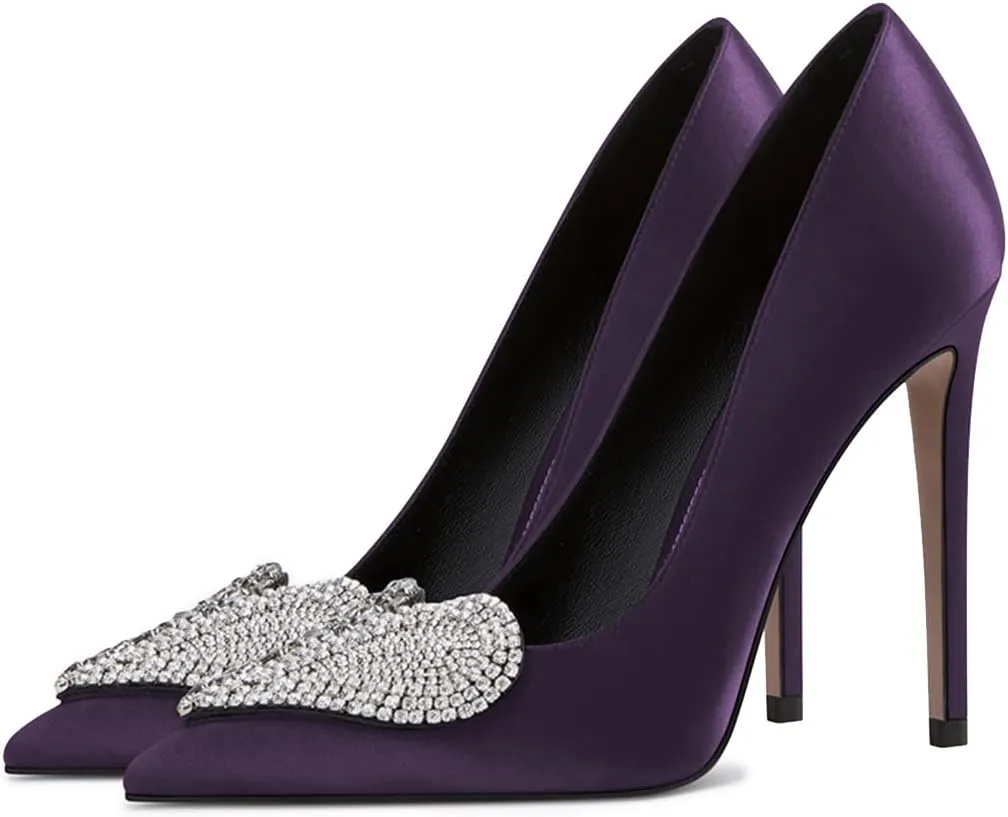 XYD Women's Pointed Toe Heart Shaped with Stitching Rhinestones Studded Slip On Stiletto Heels Sexy Wedding Pumps Shoes