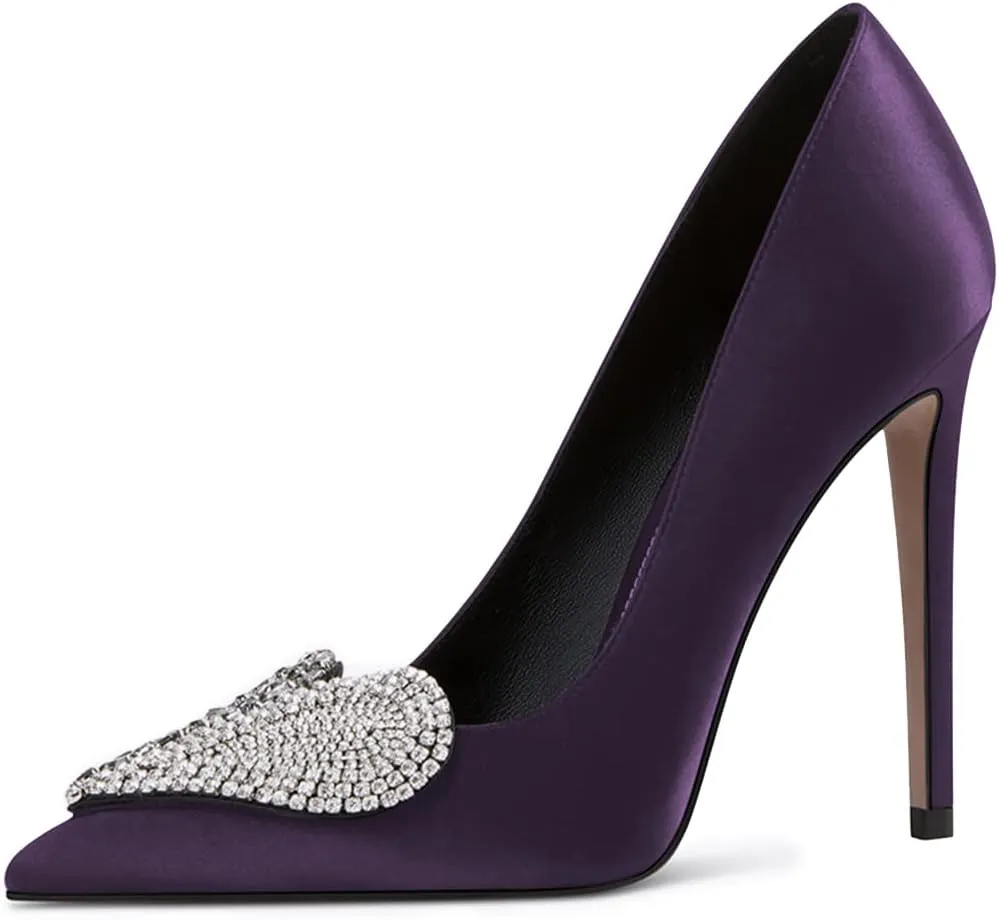 XYD Women's Pointed Toe Heart Shaped with Stitching Rhinestones Studded Slip On Stiletto Heels Sexy Wedding Pumps Shoes