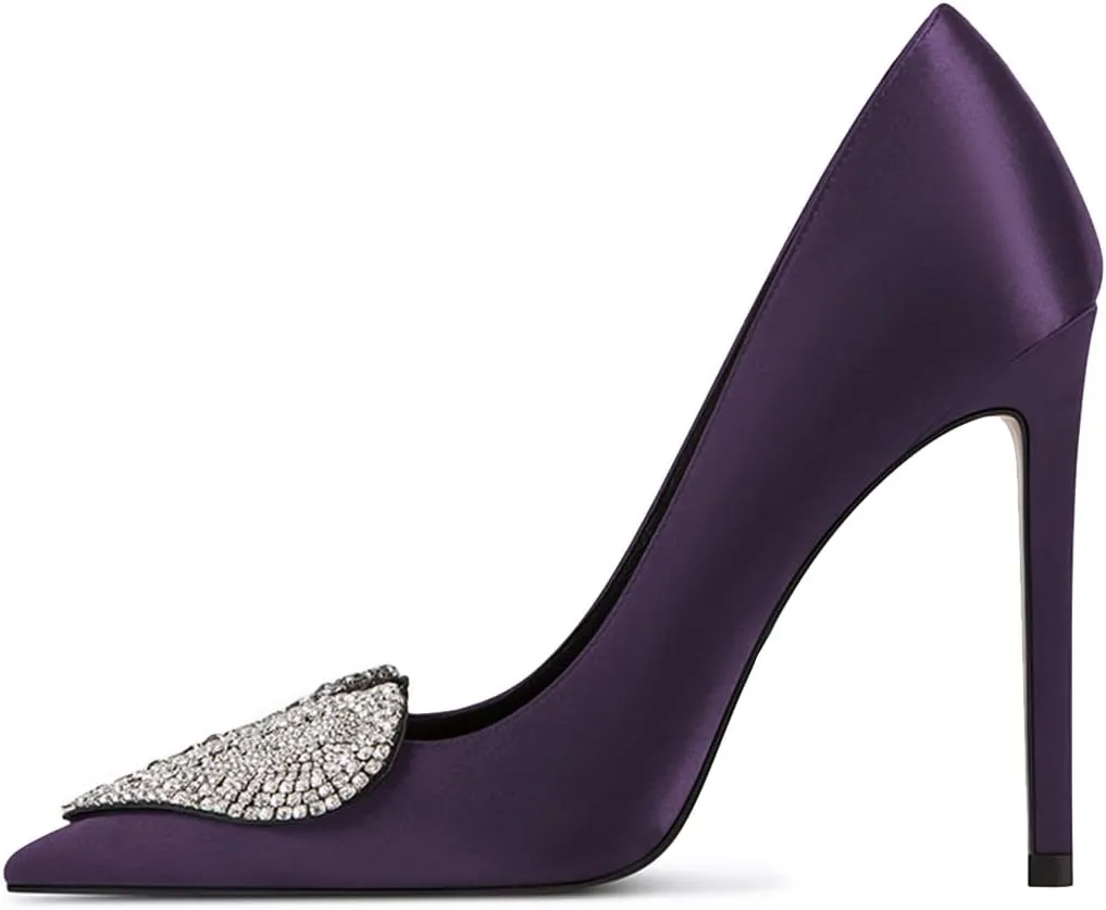 XYD Women's Pointed Toe Heart Shaped with Stitching Rhinestones Studded Slip On Stiletto Heels Sexy Wedding Pumps Shoes