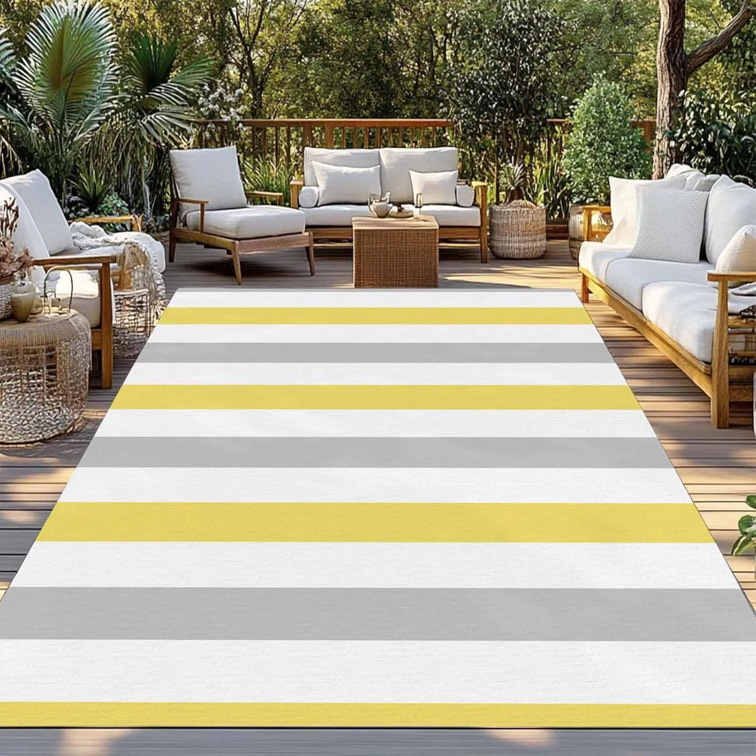 Yellow Grey Striped Outdoor Patio Rug 4x6ft Large, Washable RV Camping Outside Area Runner Rug Mat, Geometric Vertical Stripes White Indoor Outdoor Carpet for Picnic Backyard Deck Porch Balcony Beach