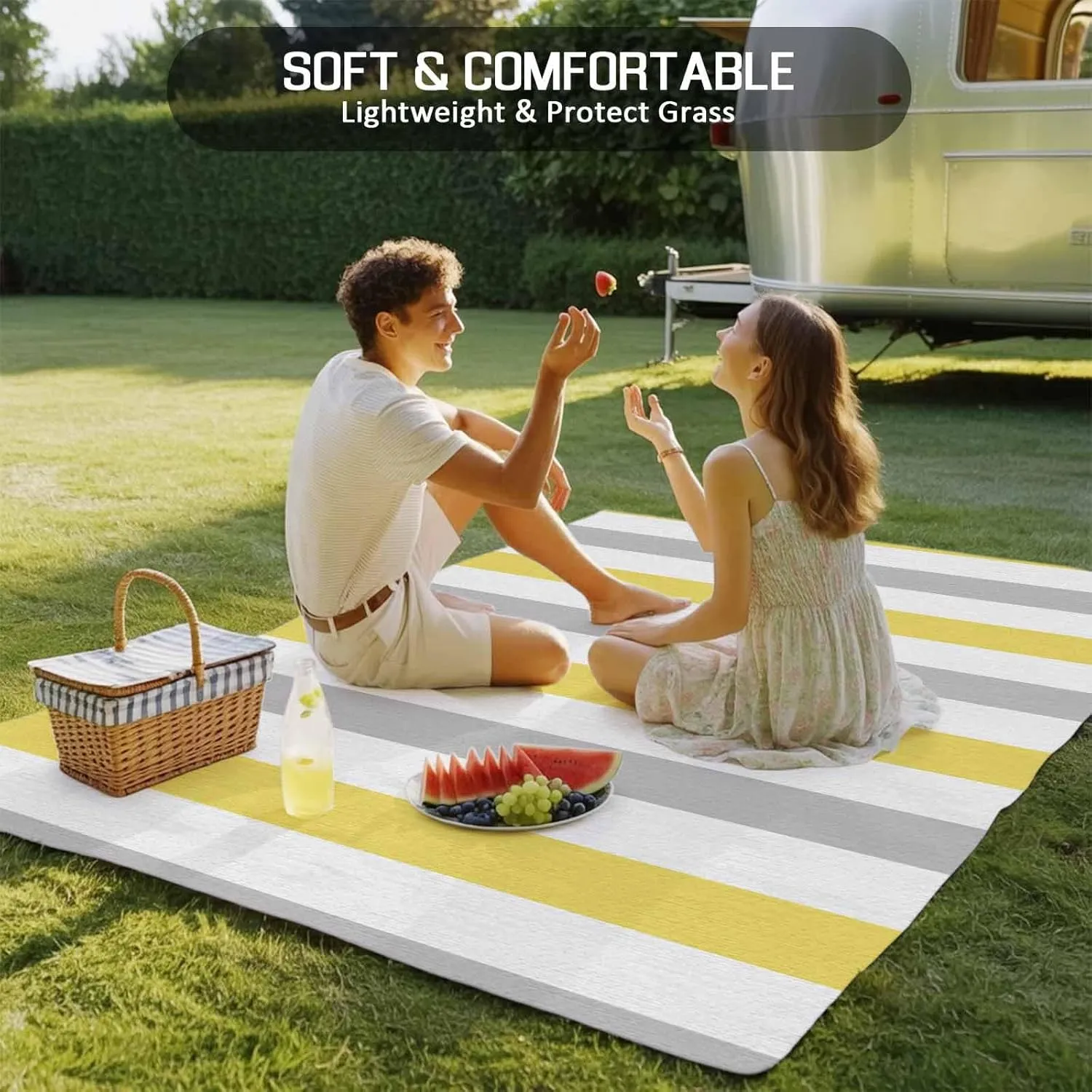 Yellow Grey Striped Outdoor Patio Rug 4x6ft Large, Washable RV Camping Outside Area Runner Rug Mat, Geometric Vertical Stripes White Indoor Outdoor Carpet for Picnic Backyard Deck Porch Balcony Beach