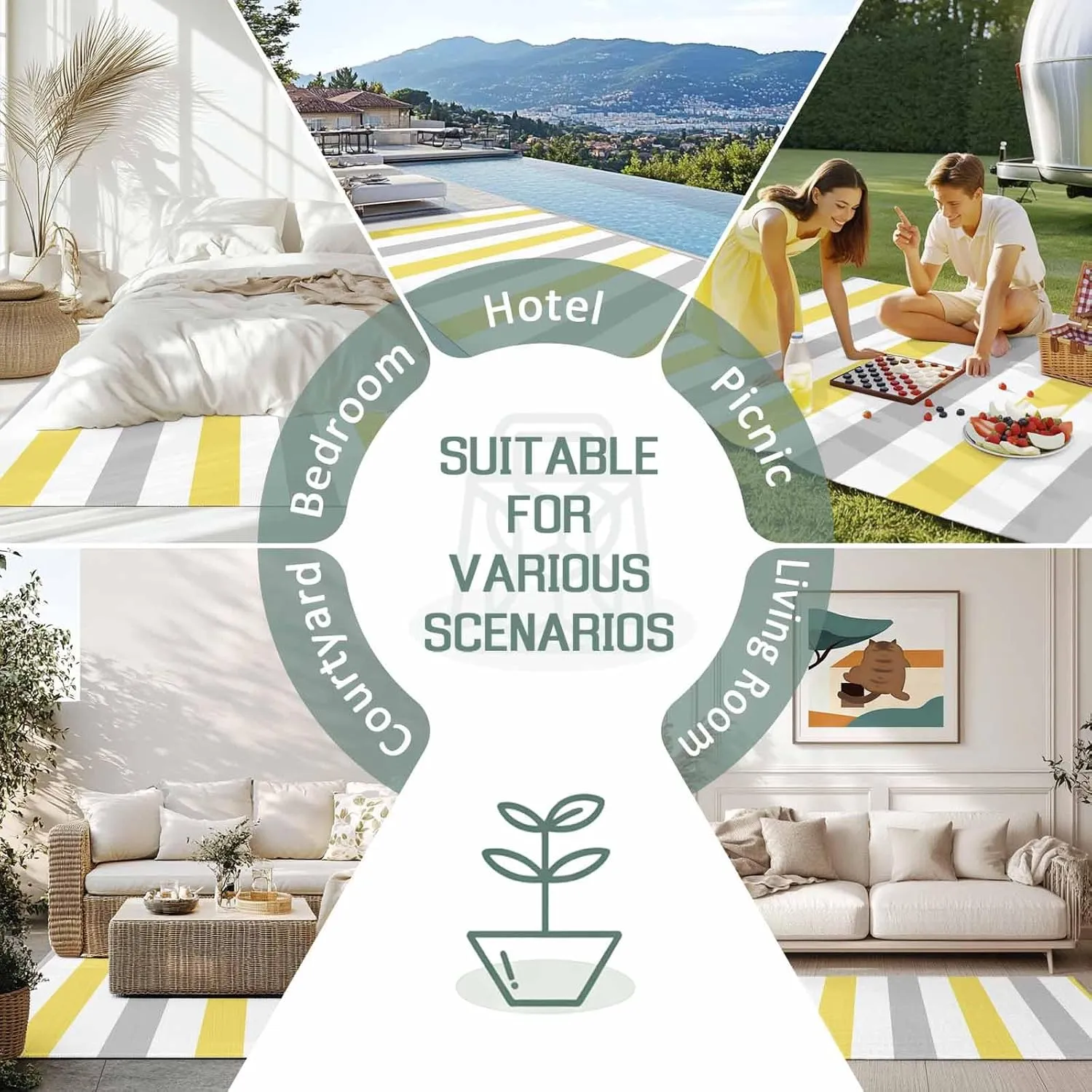 Yellow Grey Striped Outdoor Patio Rug 4x6ft Large, Washable RV Camping Outside Area Runner Rug Mat, Geometric Vertical Stripes White Indoor Outdoor Carpet for Picnic Backyard Deck Porch Balcony Beach
