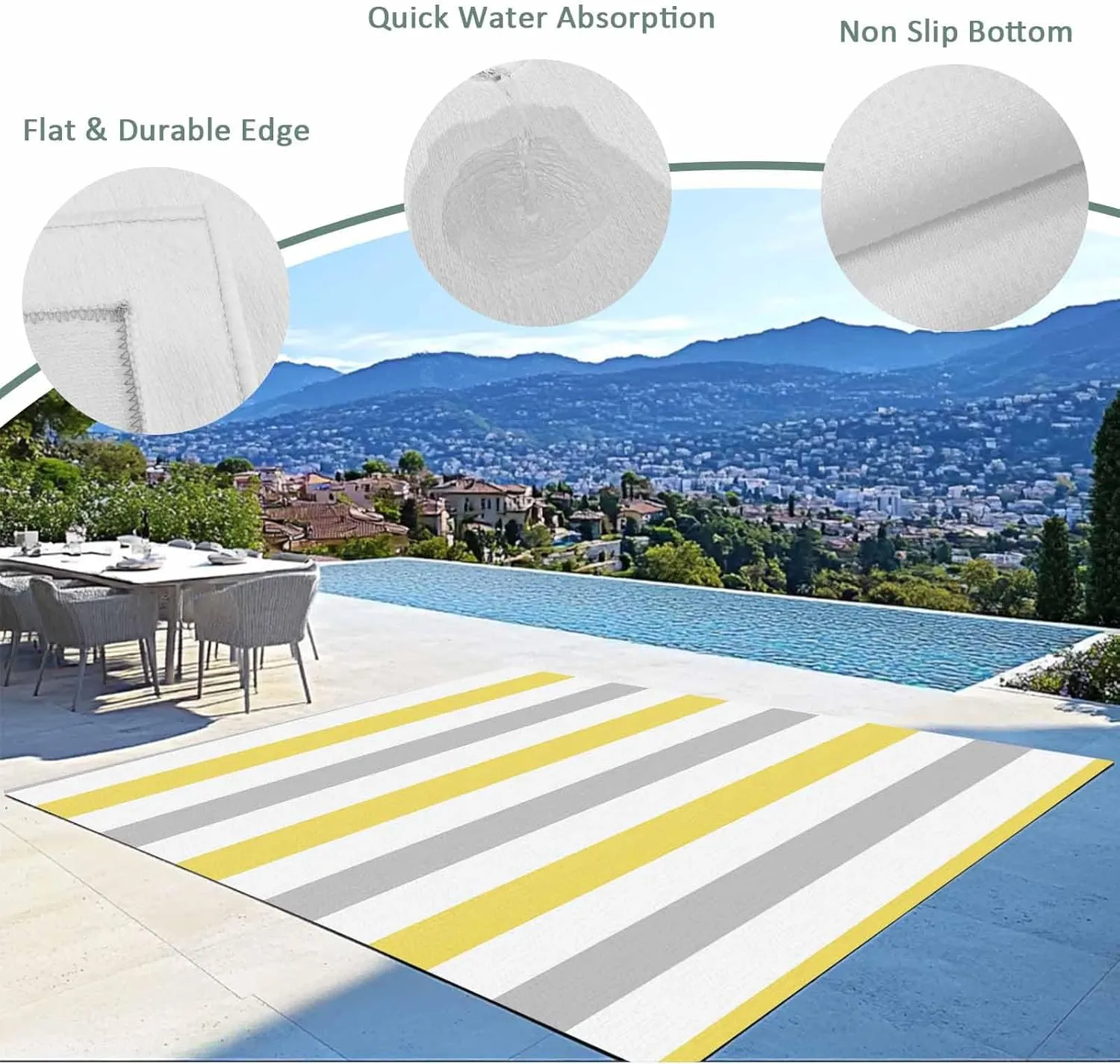 Yellow Grey Striped Outdoor Patio Rug 4x6ft Large, Washable RV Camping Outside Area Runner Rug Mat, Geometric Vertical Stripes White Indoor Outdoor Carpet for Picnic Backyard Deck Porch Balcony Beach