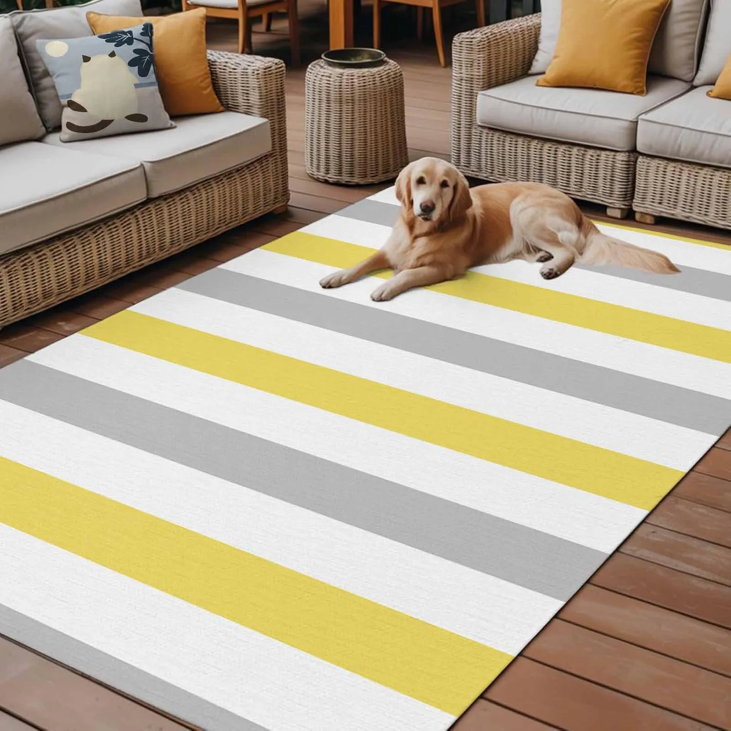 Yellow Grey Striped Outdoor Patio Rug 4x6ft Large, Washable RV Camping Outside Area Runner Rug Mat, Geometric Vertical Stripes White Indoor Outdoor Carpet for Picnic Backyard Deck Porch Balcony Beach